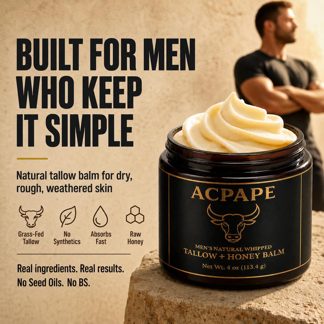 Acpape Beef Tallow for Skin — Men's Natural Whipped Tallow and Honey Balm | Grass-Fed Beef Tallow Face & Body Moisturizer for Men | Tallow Balm with Jojoba Oil, Olive Oil, Beeswax & Raw Honey | 4 oz