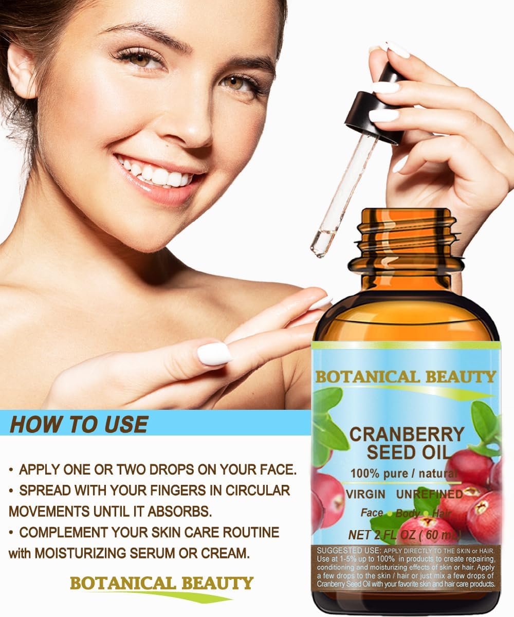 Botanical Beauty CRANBERRY SEED OIL 100% Pure Natural Unrefined Virgin Cold Pressed Carrier Oil 0.5 Fl Oz - 15 ml. for Face, Skin, Body, Hair, Lips, Nails, Anti - Aging Face Oil