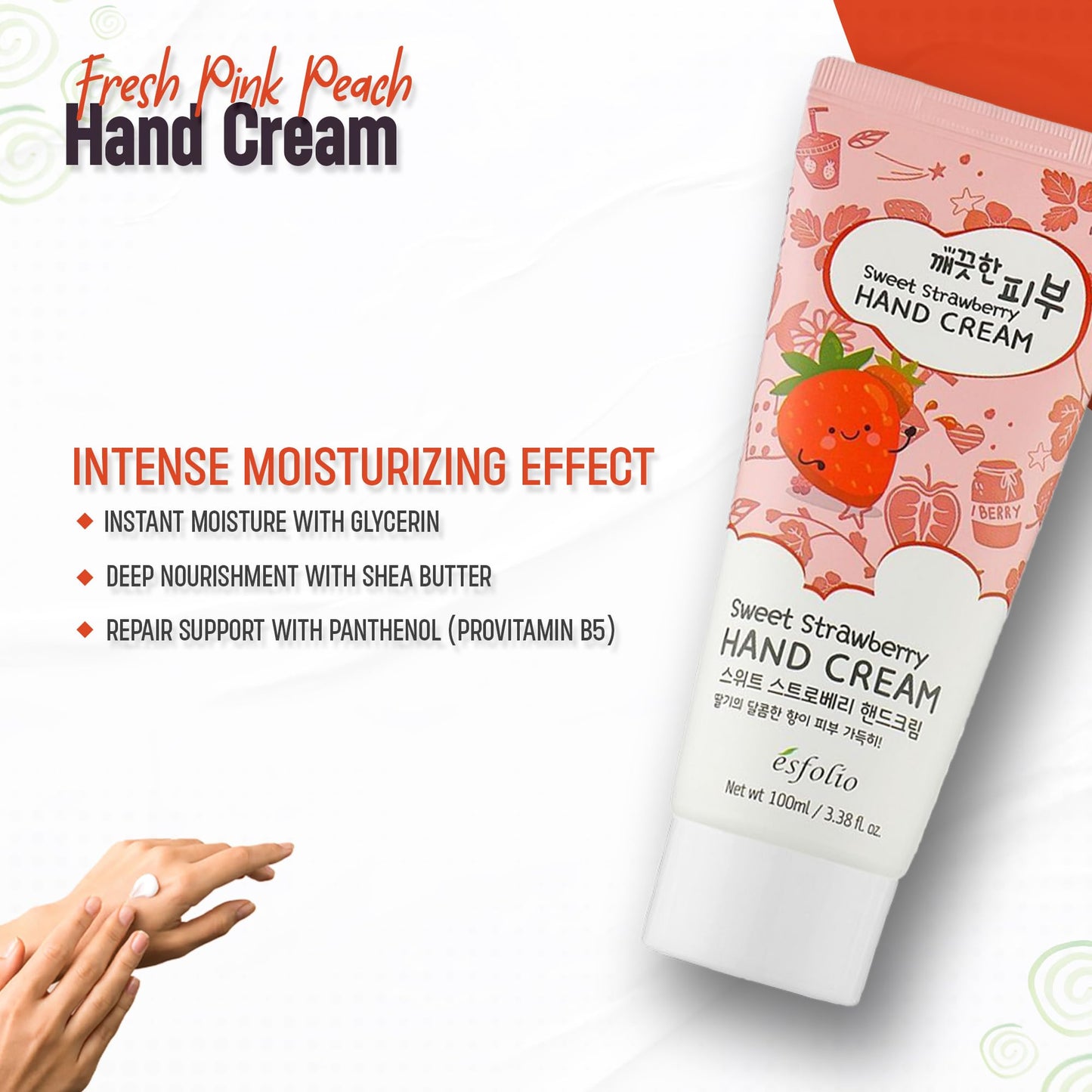 esfolio Sweet Strawberry Hand Cream – Moisturizing Korean Hand Lotion with Strawberry Extracts – Softens, Hydrates & Smooths Dry Skin – Lightweight Non-Greasy Formula (3.38 OZ/100ML)