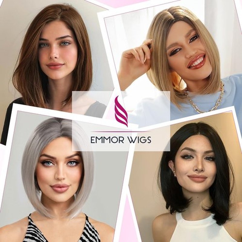 EMMOR Short Bob Wigs,Natural Shoulder Length Central Lace Bob Wgs, Premium Heat-Resistant Synthetic Straight Wigs for Women Daily Use(Ombre Ash Blonde with Brown Highlight)