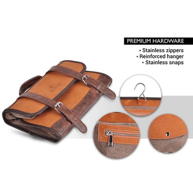Vetelli Leather Toiletry Bag for Men - Water Resistant, 2 Zippered Internal Pockets, 2 Snap-Fastened Internal Pockets, and Hanging Hook.