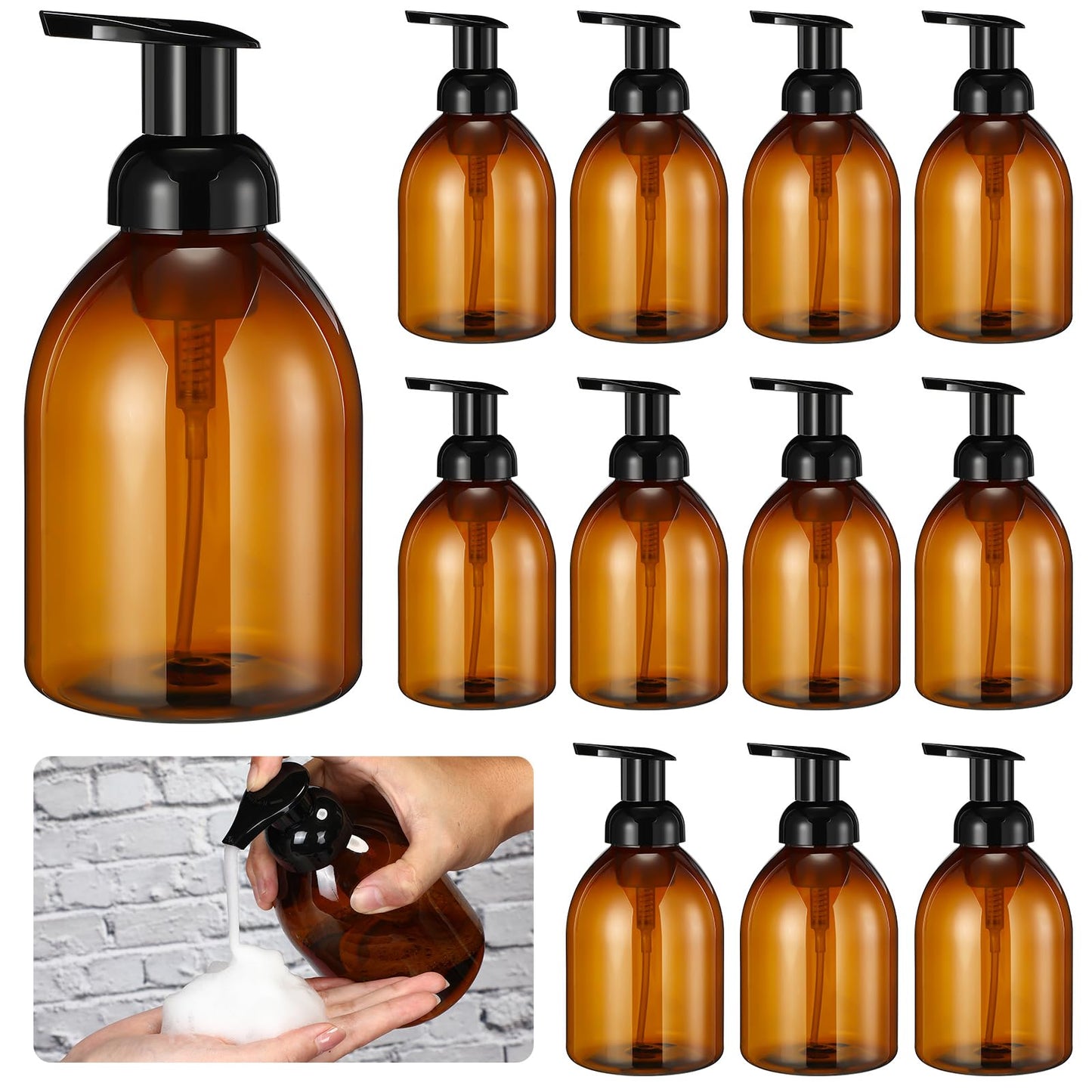Uiifan 16 Pcs 17 oz Amber Foaming Soap Dispenser Refillable Foam Pump Bottle Liquid Plastic Container for Kitchen Bathroom Commercial Concentrated or Regular Shampoo Body Wash Dish Liquid Soap