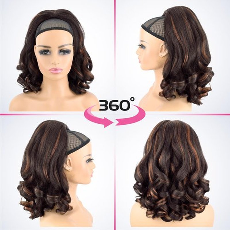 UAmy hair Long Curly Drawstring Ponytail for Women 18inch Dark Brown with Highlights Loose Curly Ends Yaki Straight Drawstring Ponytail Synthetic Curly Yaki Pony Tail Hairpieces for Daily Use(4H30)