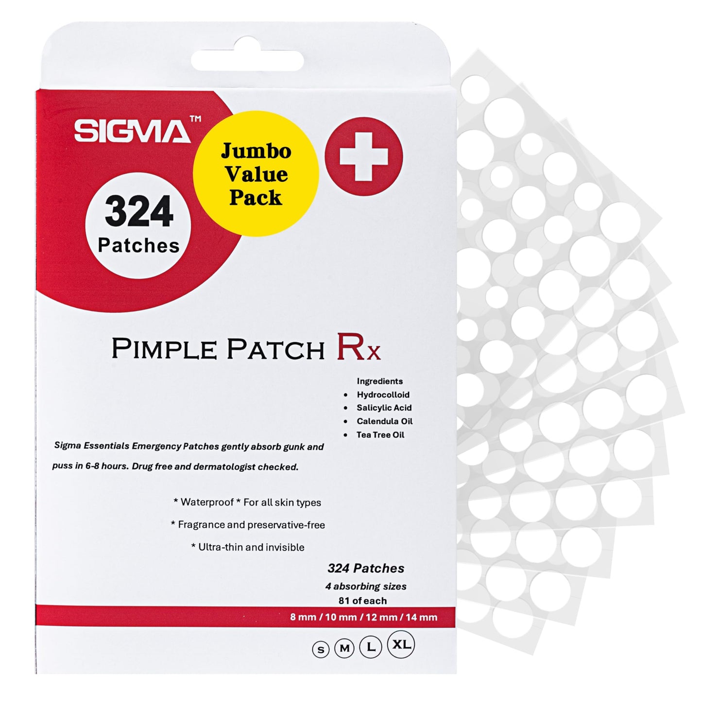 (3¢ Each) Pimple Patches 324 Pack - Hydrocolloid Acne Patches with Salicylic Acid & Tea Tree Oil - 4 Sizes S/M/L/XL - Face Acne Treatment - Easy Peel Perforated Sheets
