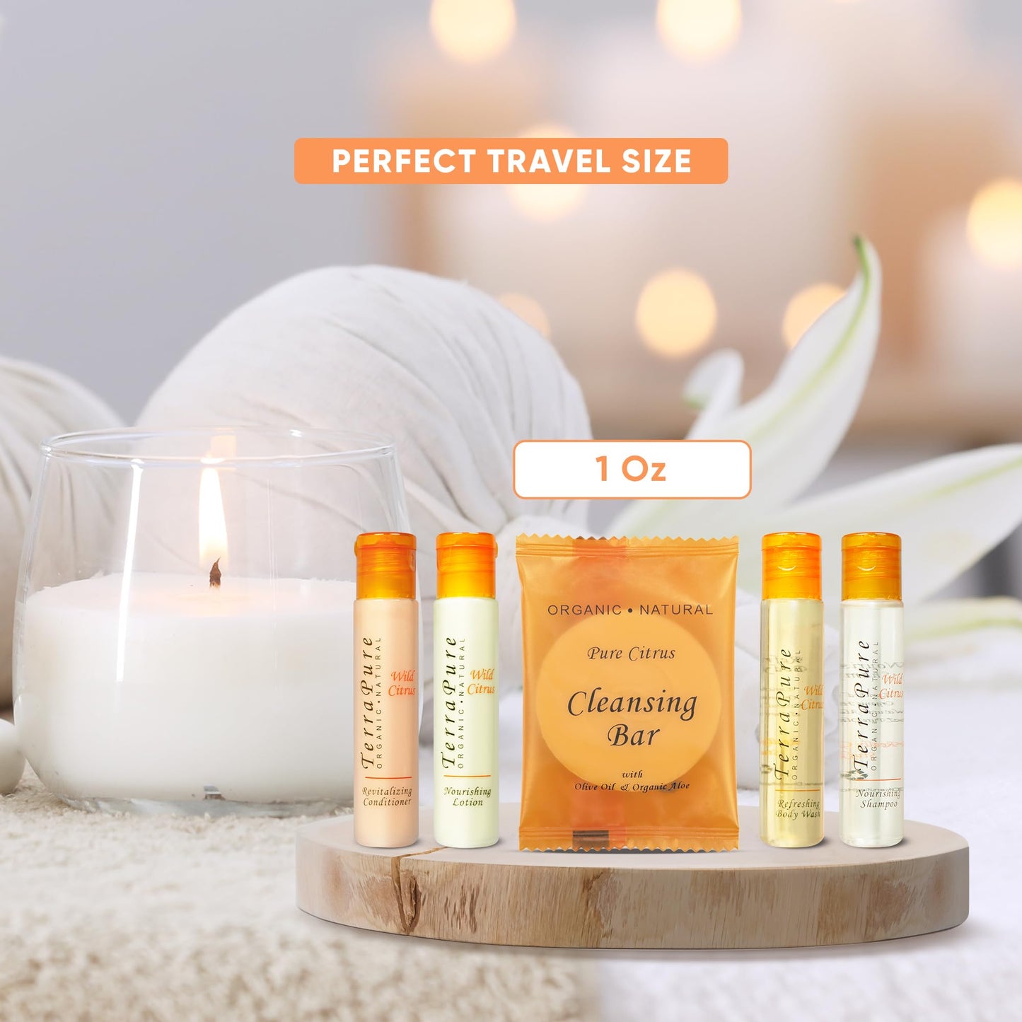 Terra Pure Wild Citrus Hotel Amenities Set | 1-Shoppe Amenities Kit | 1oz Shampoo, Conditioner, Body Wash, Lotion, Bar Soap | Travel Size | 300 Pieces