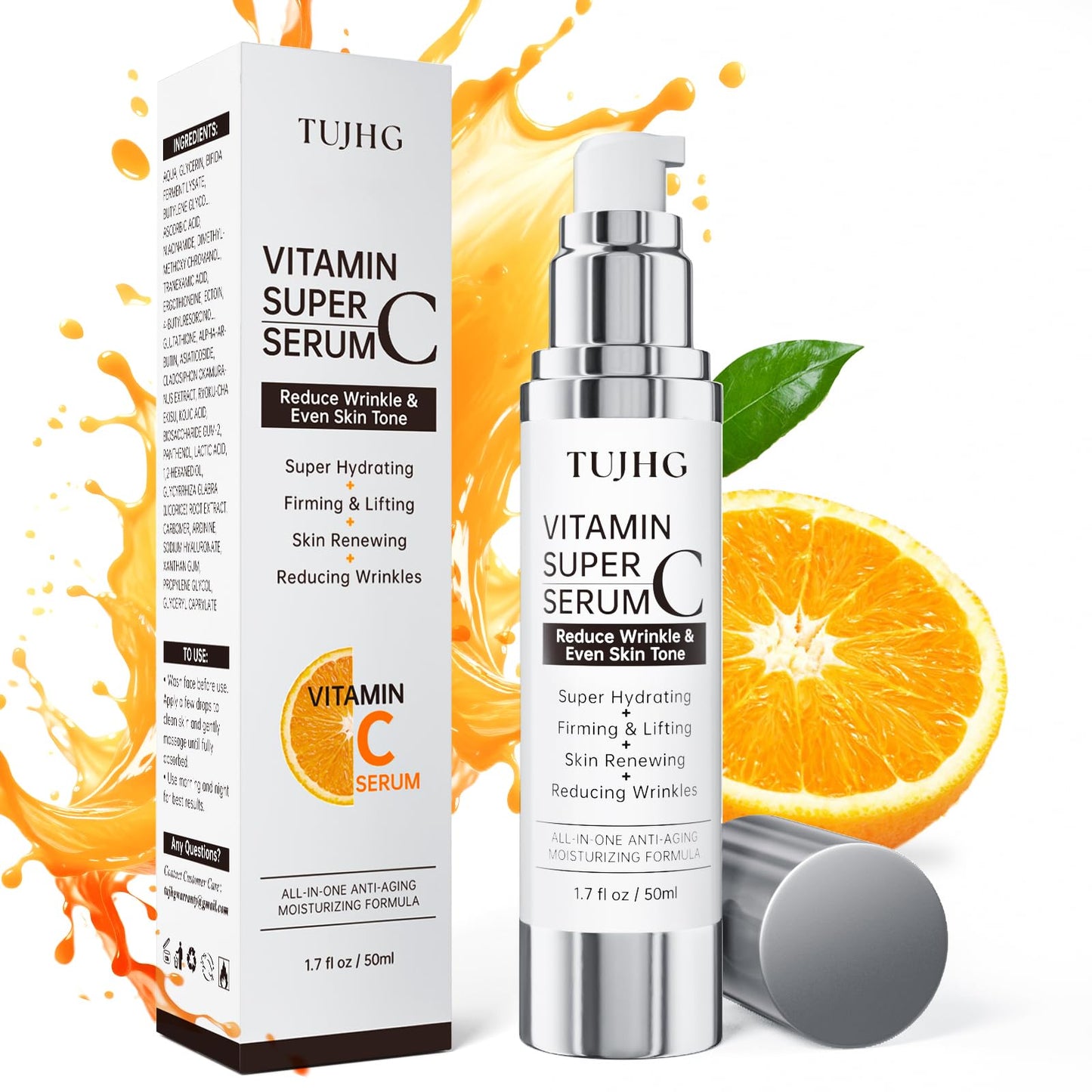 Vitamin C Serum for Face, Brightening & Anti-Aging with Hyaluronic Acid, Vitamin E, Peptides, Collagen - Hydrates, Firms, Lifts, Smooths, 1.7 Fl Oz