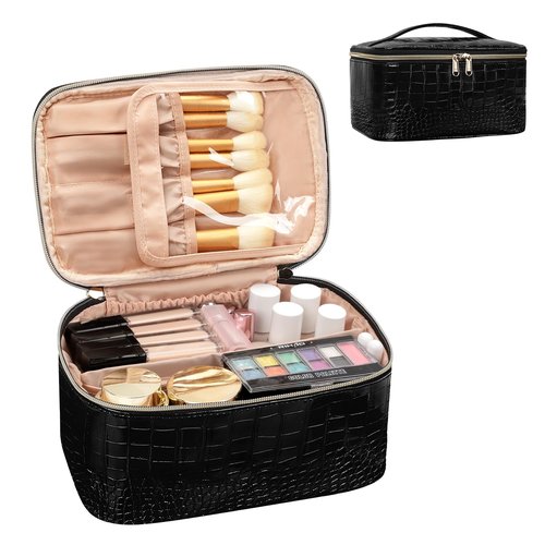 OCHEAL Makeup Bag, Portable Cosmetic Bag, Large Capacity Travel Makeup Case Organizer, Black Makeup Bags for Women Toiletry Bag for Girls Traveling With Handle and Divider-Leather