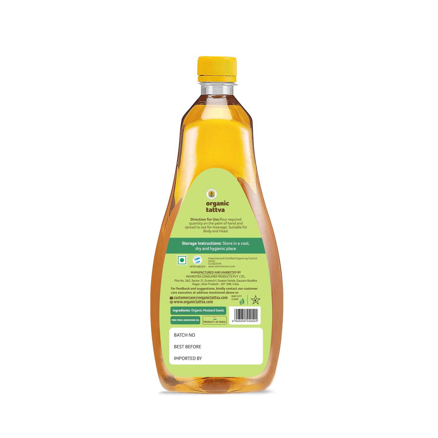 Organic Tattva Cold Pressed Mustard Oil (1 Litre) - Fresh Unrefined Organic Mustard Oil for Hair, Skin Care and Massage - Omega 3 Rich - No Added Preservatives - USDA Certified