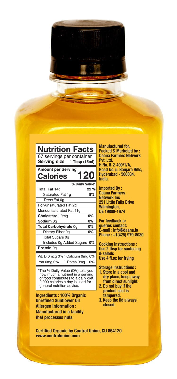 Daana Sunflower Oil: Certified USDA Organic, Extra Virgin, Cold Pressed, High Oleic, Non-GMO. Healthy Oil for Cooking, Baking, Frying, Hair and Skin Care. Pesticide and Chemical Free (12 oz)
