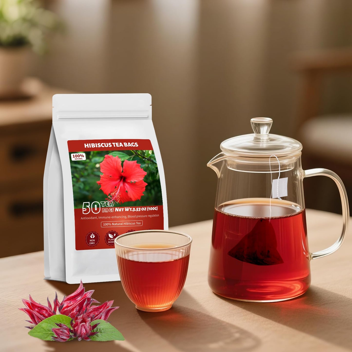 Hibiscus Tea Bags, 100% Natural Hibiscus Flowers Herbal High Blood Pressure Tea Bags, No Sugar/Gluten, Caffeine Free-50 Count (Pack of 1)