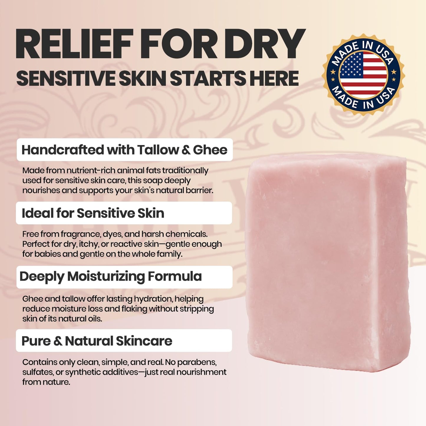 Wholly Kaw Organic Ghee, Tallow and Calamine Soap Bar with Natural Ingredients. Clean Label. Unscented. Fragrance free Face & Body - for Men, Women & Teens. Gentle Body Soap for sensitive skin 4.0 oz