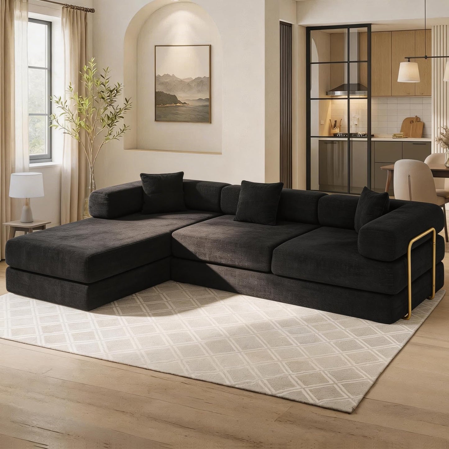 Mojolion Modular Sectional Sofa, 108" L-Shaped Corduroy Couch with Deep Seat, Boneless Cloud Cushion,Modular Sofa Bed with Fixed-Shape Frame for Living Room No Assembly Required (Black)