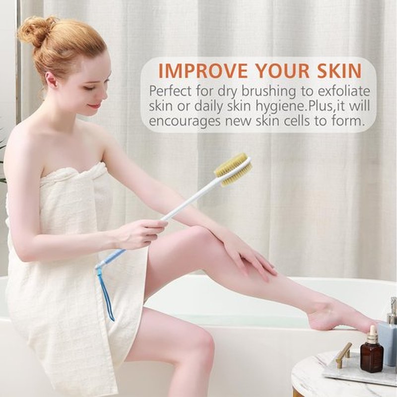 Shower Brush with Soft and Stiff Bristles,17.5" Long Handle Dual-Sided Back Scrubber Bath Brush Body Exfoliator for Wet or Dry Brushing (Long Handle)
