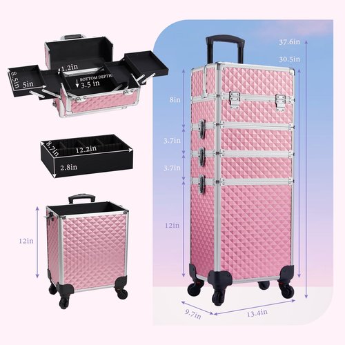 Stagiant Rolling Makeup Train Case Large Storage Cosmetic Trolley 4 in 1 Large Capacity Trolley Makeup Travel Case with Key Swivel Wheels Salon Barber Case Traveling Cart Trunk - Pink