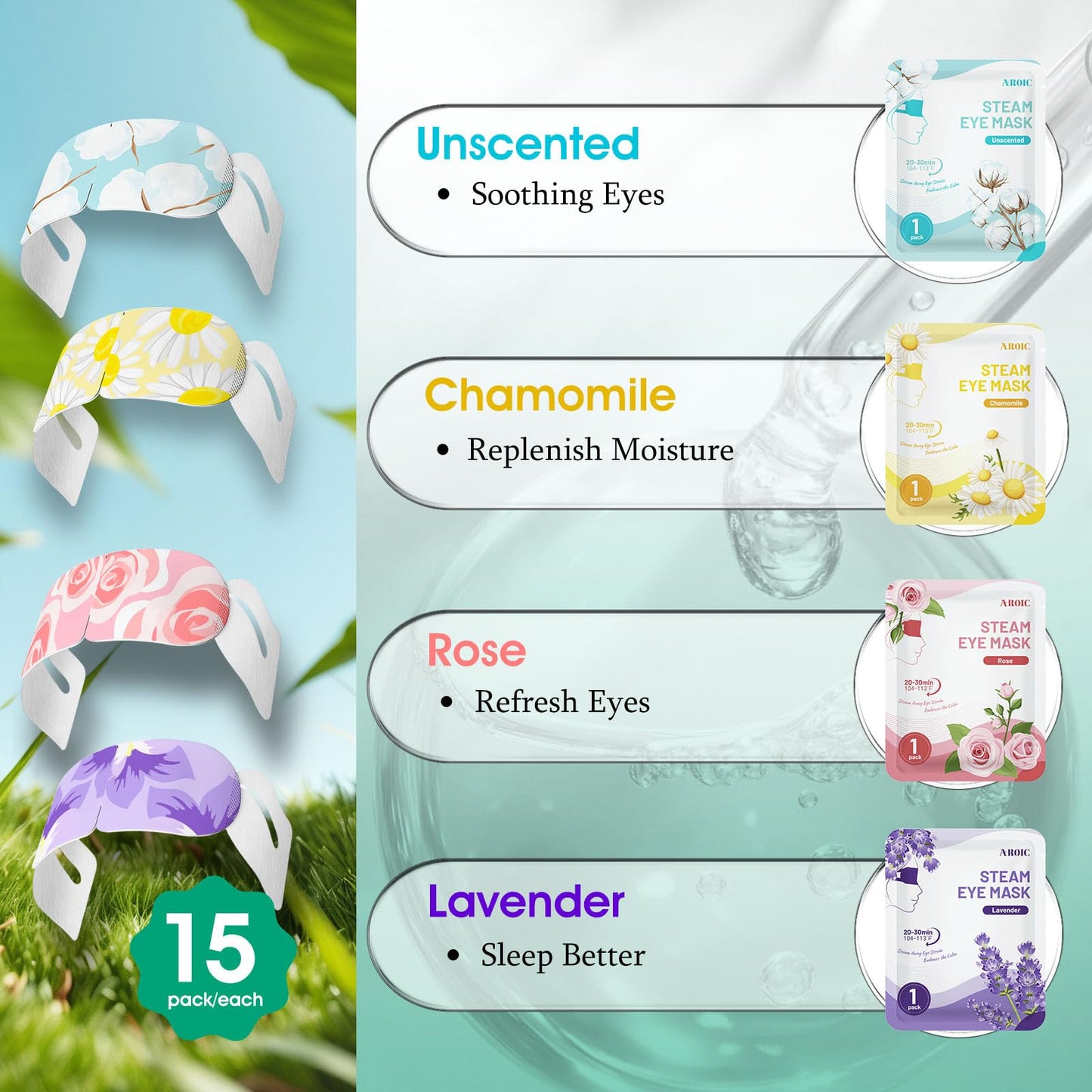 AROIC 120 Pack Steam Eye Masks Disposable, Heated Sleep Eye Mask for Women Warm Compress for Eyes, Relaxation Mothers Day Gifts, Travel Essentials - Lavender, Unscented, Chamomile, Rose