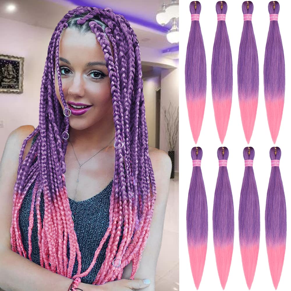 ZERAL Braiding Hair Pre Stretched 30 Inch 8 Packs Braiding Hair Professional Itch Free Yaki Texture Hair Extensions for Braids Synthetic Hair Braiding for Women and Girls (Purple/Pink#)