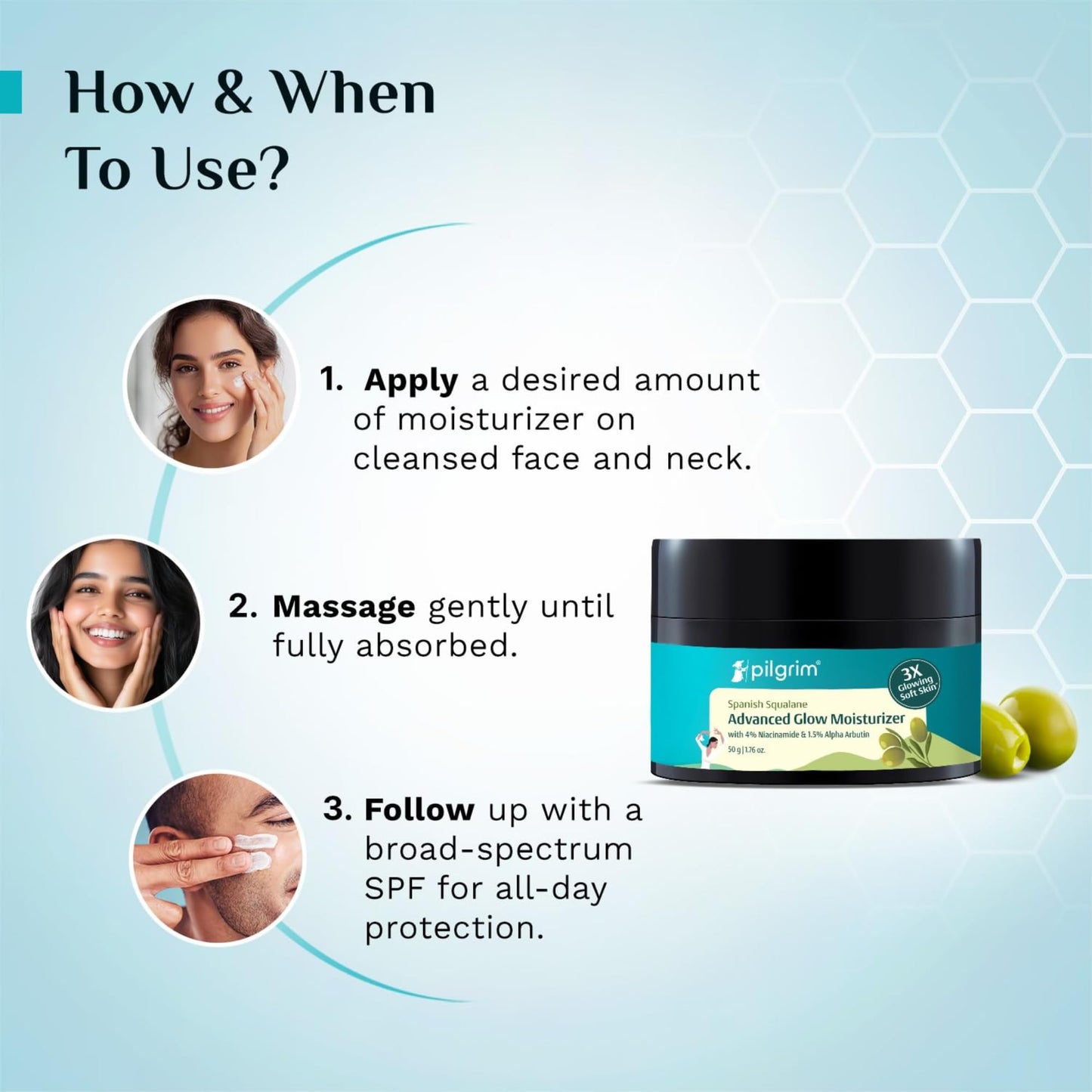 Pilgrim Squalane Glow Face Moisturizer with Vitamin C & Niacinamide | Lightweight Hydrating Daily Face Cream for Radiant Skin | For All Skin Types | 1.76 Oz (50g)