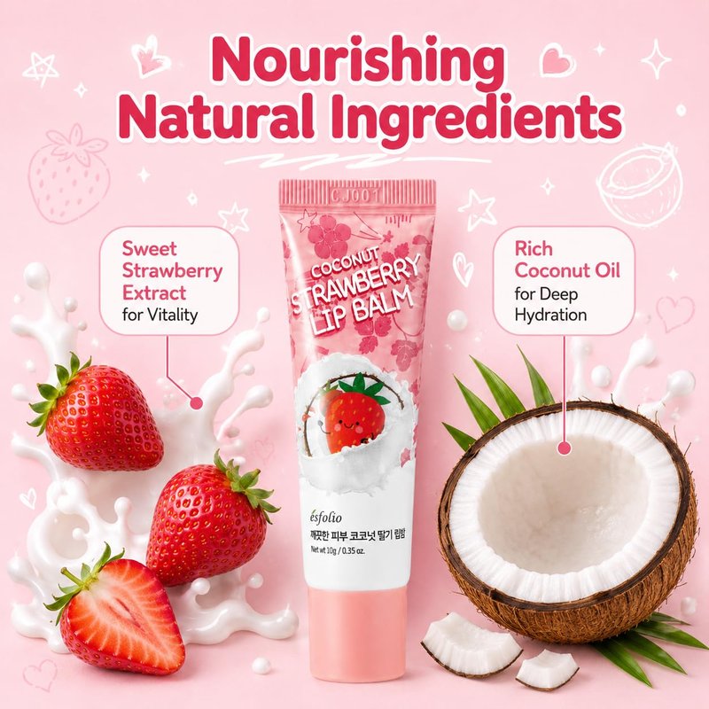 Coconut Strawberry Lip Balm | Hydrating & Nourishing Lip Care with Coconut Oil & Strawberry Seed Oil - Moisturizes Dry Lips