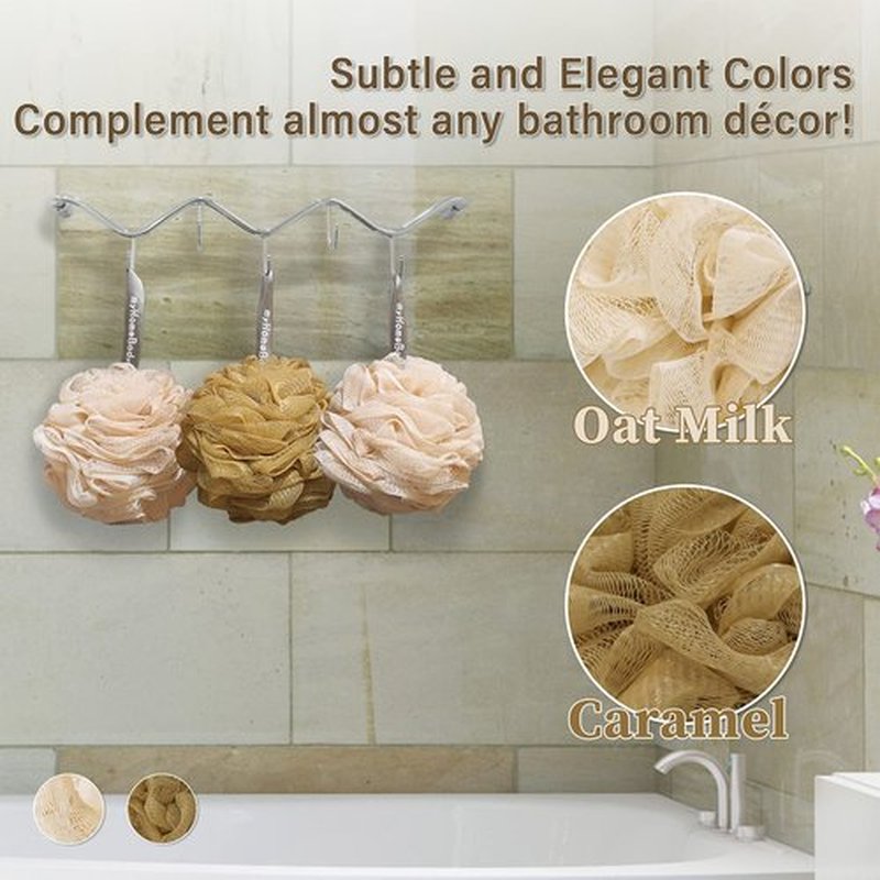 myHomeBody Large 70g Loofah Sponge, Body Scrubber, Bath Sponge, Loofah for Women, Men, Exfoliating Sponge Shower Pouf with Activated Charcoal - 2 Oat Milk + 1 Caramel, 3 Pack