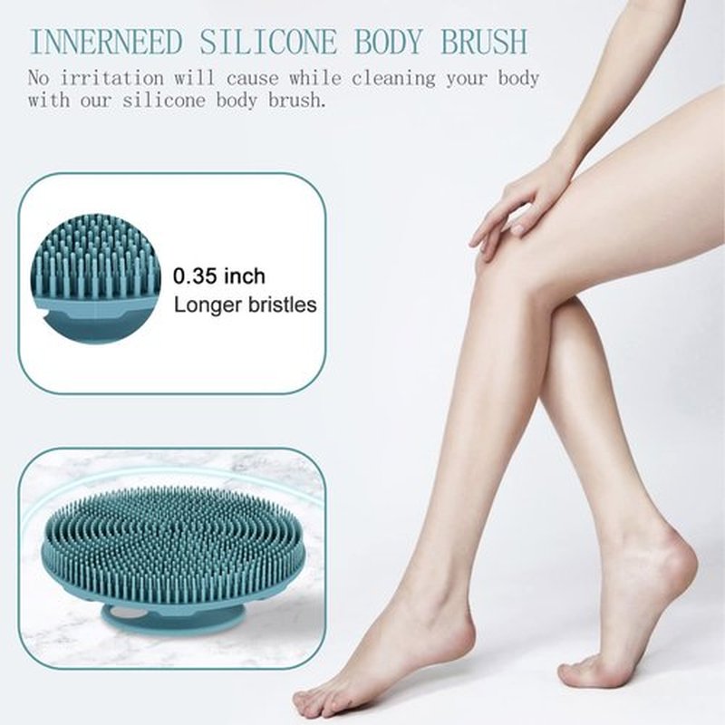 INNERNEED Food-Grade Soft Silicone Body Scrubber Shower Brush Handheld Cleansing Skin Brush, Gentle Exfoliating and Lather Well (Dark Green+Pink)