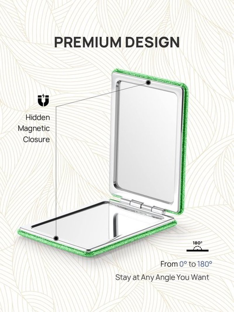 OMIRO Compact Mirror, Glitter PU Leather 1X/3X Magnification, Ultra Portable for Purses, 2.4" W x 3.4" L (Green)