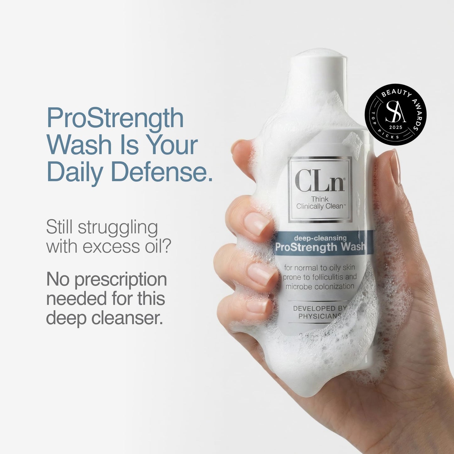 CLn ProStrength Wash - 3 fl oz, Salicylic Acid Body Wash & pH Balanced Cleanser for Oily & Acne Prone Skin, Exfoliating Body Wash for Men & Women, Fragrance Free Daily Skin Care