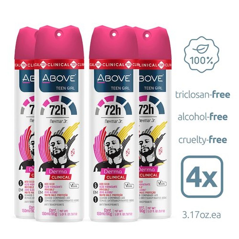 ABOVE 72 Hours Derma Clinical Antiperspirant Deodorant, Neymar Jr Teen Girl, 4 Pcs - Deodorant for Teens - Red Fruits and Vanilla Notes - Dry Spray