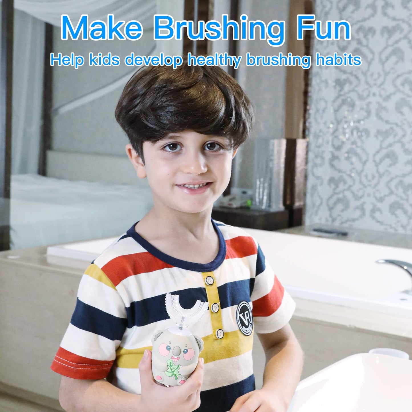 ELOTAME Cartoon Kids U Shaped Electric Toothbrush with 4 Brush Heads,Full Mouth 360-Degree Cleaning Sonic Automatic Toothbrush with IPX7 Waterproof (8-15 Age Blue Koala Without Cup)
