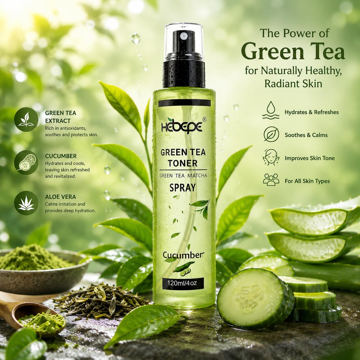 Hebepe Green Tea Matcha Facial Toner Mist with Lavender, Refreshing, and Soothing Face Toner, with Jojoba Oil, Castor Oil, Snail Filtrate,120ml