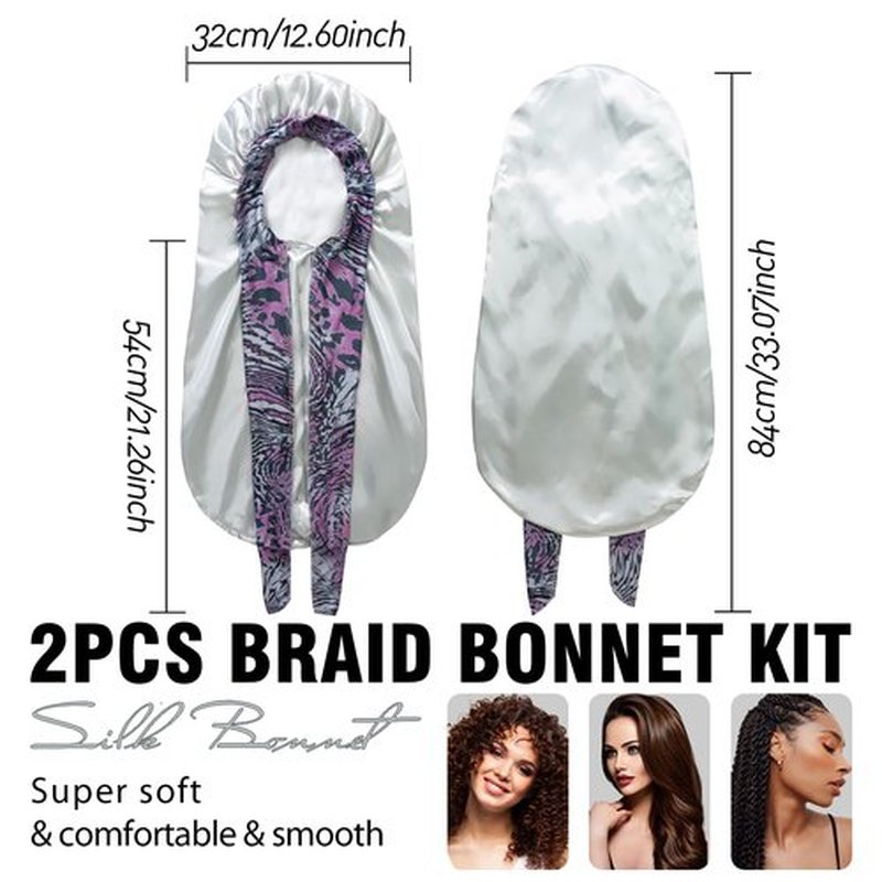 2Pack Bonnets for Black Women Braid Bonnet, Large Long Bonnet Satin Bonnet for Braids,Black Women Silk Bonnet with Stretchy Tie Band Braid Bonnet for Sleeping Extra Long (Green&Light Purple Pattern)