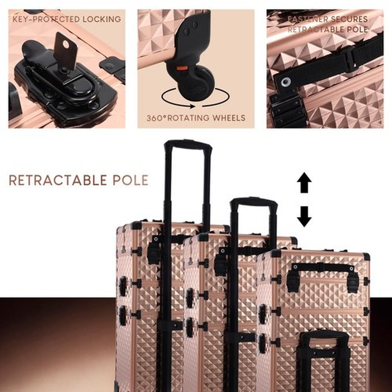 Frenessa Rolling Makeup Train Case 3 in 1 Professional Cosmetic Trolley Large Storage with keys Swivel Wheels Salon Barber Case Traveling Cart Trunk for Make Up Nail Tech - Vintage Rose Gold