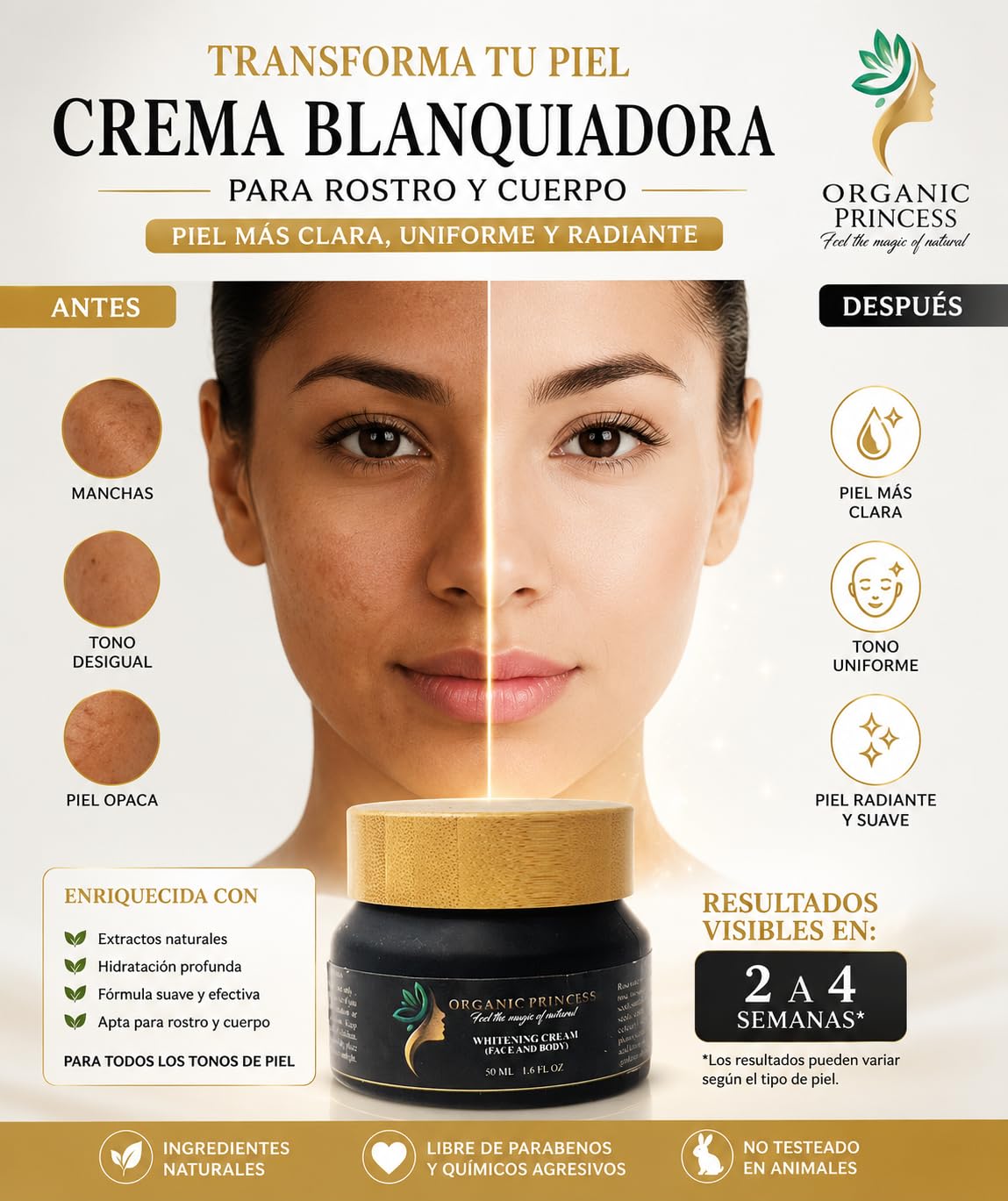 Organic Princess Whitening Cream for Face and Body, Reduces Dark Spots, Evens Skin Tone, 50 ML 1.6 FL OZ