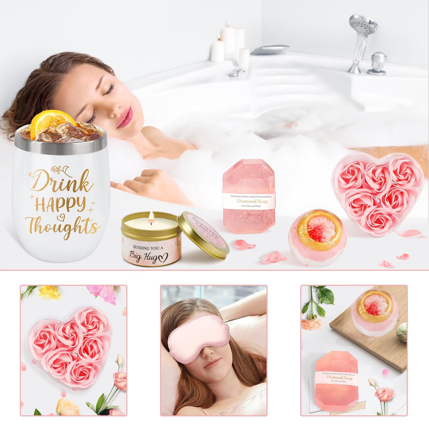 Juesly Birthday Gifts for Women Christmas Day Gifts, Unique Self Care Package Get Well Soon Basket Rose Relaxing Spa Kit with Flannel Blanket Tumbler, Happy Christmas Box for Friend Mom Sister Wife