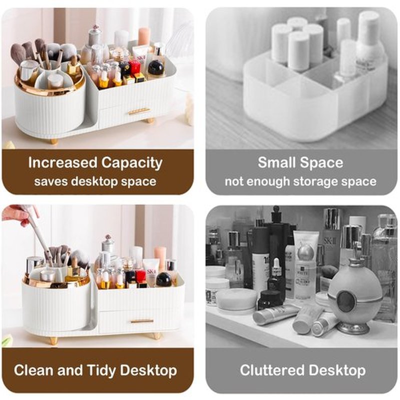 Rotating Makeup Organizer for Vanity with Brush Holder and Drawer, Cosmetic Makeup Storage, Large Spinning Makeup Skincare Organizer, Countertop Makeup Perfume Organizer, Lotions Display Case (White)