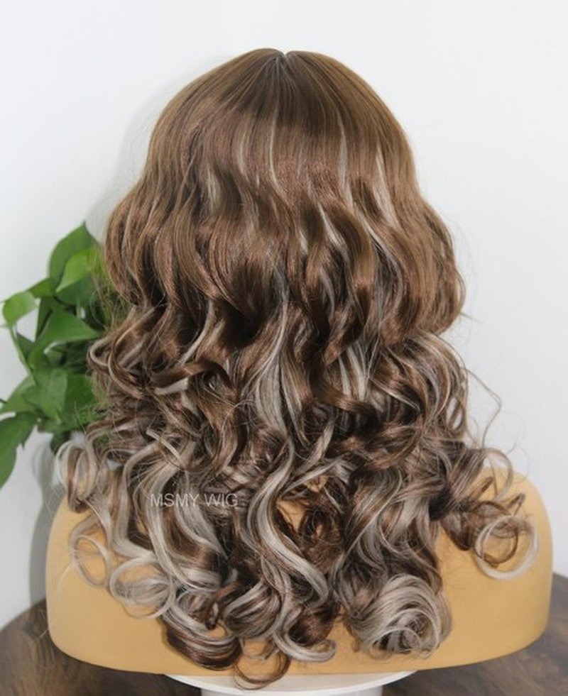 MSMYRNS Platinum Blonde Highlights Dark Brown Synthetic Wig With Bangs Glueless No Lace Fringe Unit Kinks Culry Heat Resistant Full Wig African Yaki Texture Girls Women Beauty Quick Wig