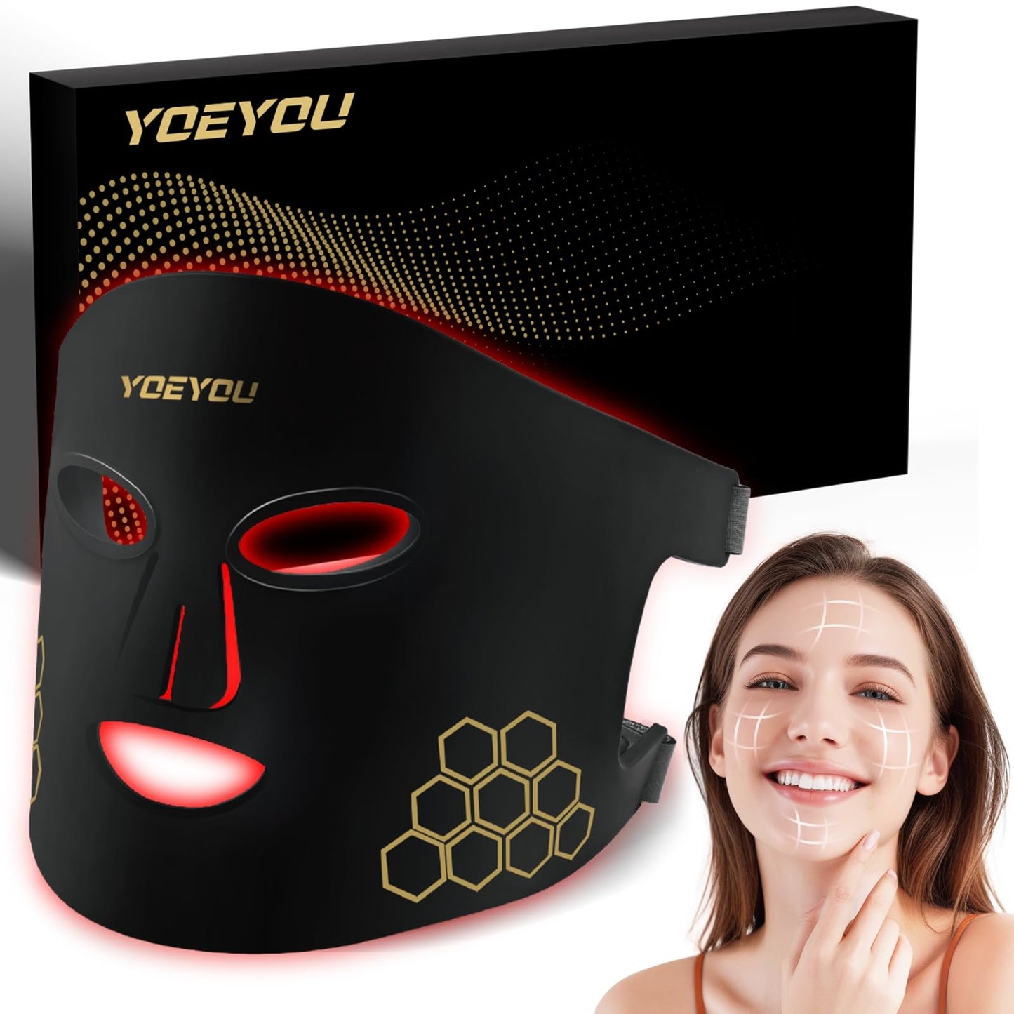YOEYOU Red Light Therapy for Face, 850nm Near Infrared LED Face Mask, 4 Light Modes, Portable Rechargeable Red Light Therapy Mask Skincare Device for Facial Rejuvenation