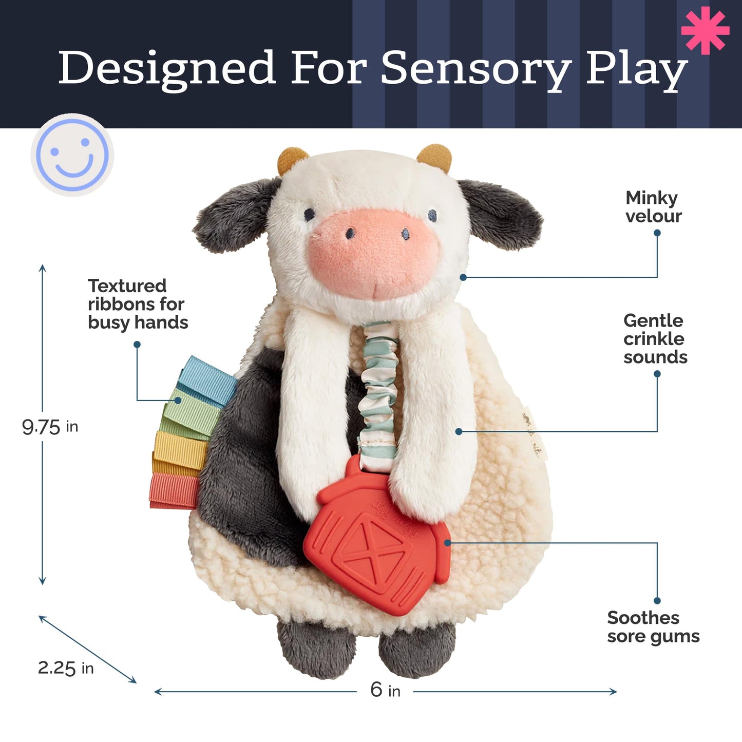 Itzy Ritzy - Itzy Lovey Including Teether - Baby Lovey with Teether, Textured Ribbons & Dangle Arms - Features Crinkle Sound, Sherpa Fabric and Minky Plush (Cow)