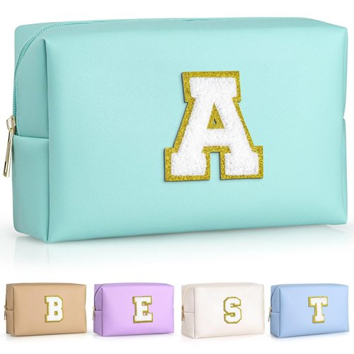 TOPEAST Preppy Makeup Bag, Personalized Initial Bags with Zipper, Cute Makeup Pouch, PU Leather Waterproof Cosmetic Bag, Birthday Gift For Daughter, Preppy Things For Girls (Blue A)