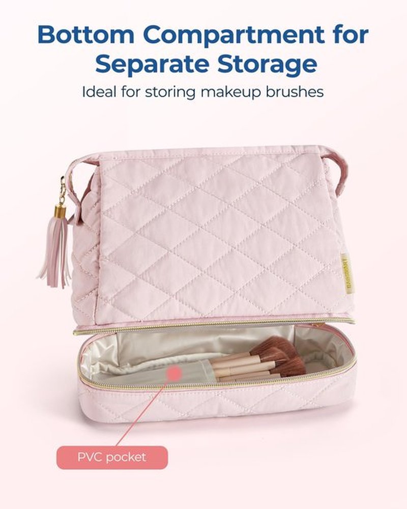 BAGSMART Makeup Bag Travel Cosmetic Bag,Puffy Make Up Bags for Women Double Layer Makeup Organizer Case,Wide-open Pouch Purse Storage Travel Essentials Toiletries Accessories Brushes,Pink