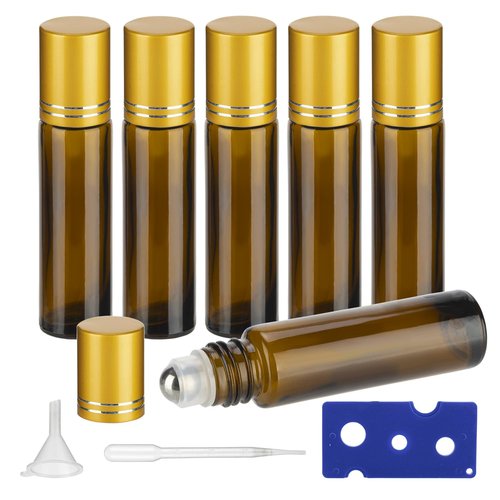 GIVITASOT 10ML Essential Oil Roller Bottles, 6 Pack Amber Oil Roller Bottles for Essential Oils, Roll on Bottles with Stainless Steel Balls(6 Labels, Opener, Funnel, Dropper Included)