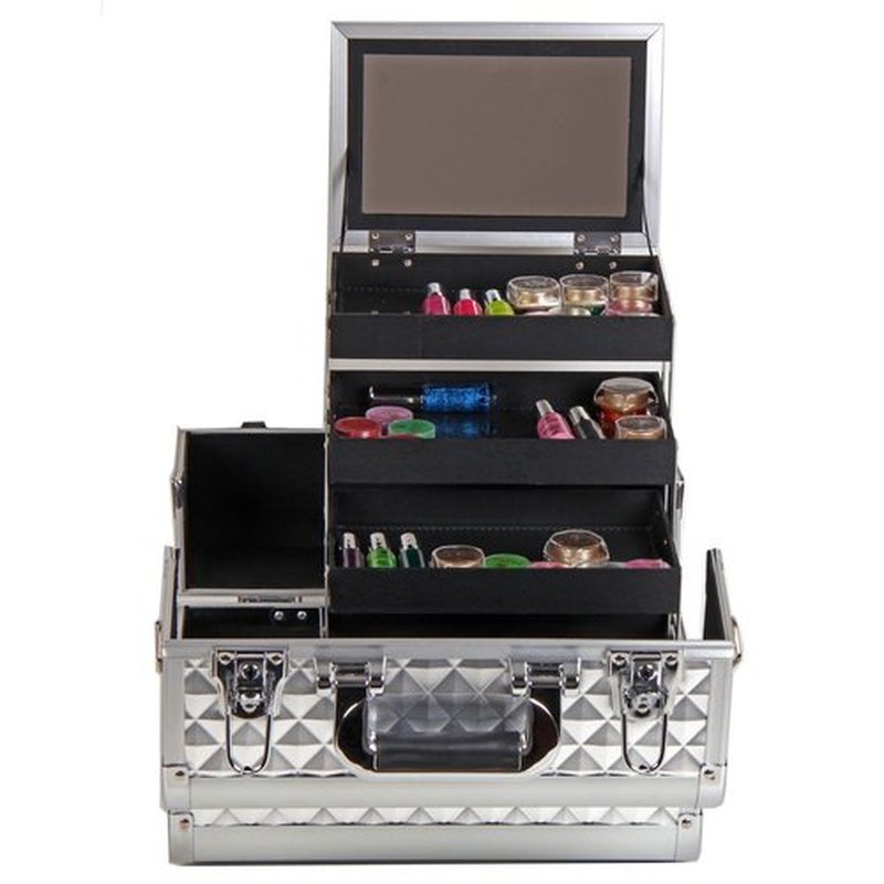 SHANY Premier Fantasy Professional Makeup Train Case Cosmetic Box Portable Makeup Case Organizer Jewelry storage with Locks, 3 Trays, Makeup Brush Holder and Cosmetics Mirror - Silver Diamond