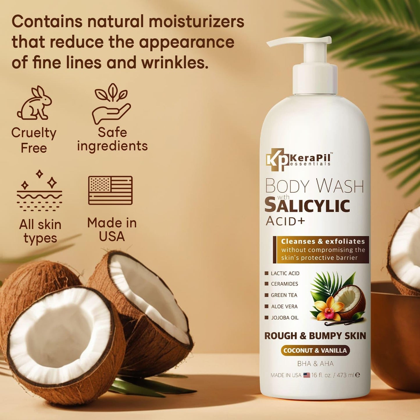 KERAPIL Exfoliating Body Wash, Coconut and Vanilla, 16 fl oz