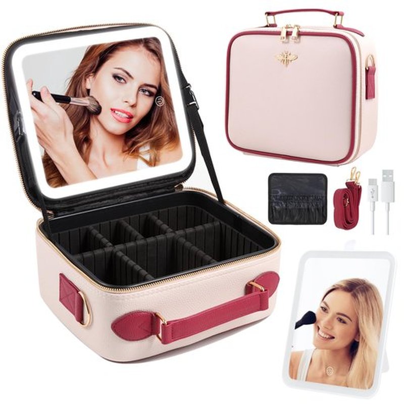GERYUAEG Travel Makeup Bag with Mirror of LED Lighted, Rechargeable Cosmetic Train Case Artist Makeup Organizer for Women with Adjustable Dividers, Makeup Brushes Holder and Strap (White)