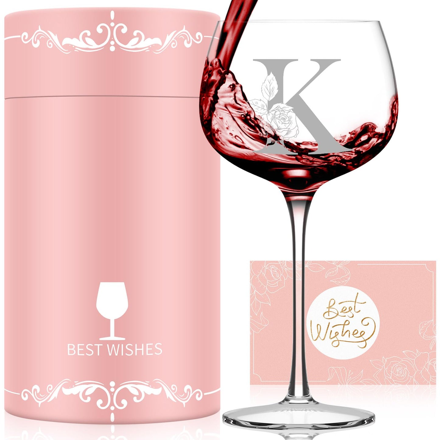 Personalized Gifts for Women Mom Friend, Initial A-Z Wine Glass Customized Gift For Woman, Unique Birthday Gifts for Women Her Mom Best Friend Sister Wife (K)