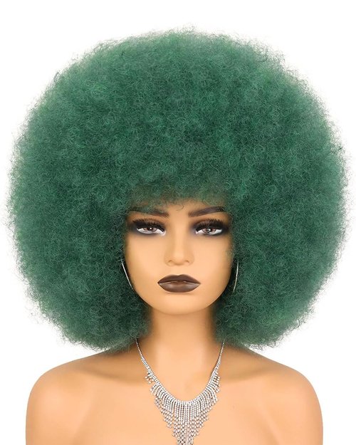 Wallden Hair Green Afro Wig and Costume Halloween Wig for black Women Glueless Wear and Go Wig Short Afro Puff Kinky Curly Wigs and Heat Resistant Bouncy Wigs (Dark Green)
