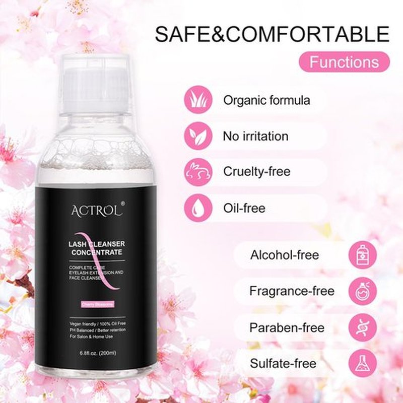 Eyelash Cleanser Concentrate 200ml Cherry Blossoms Professional Lash Shampoo Foaming Cleanser DIY Paraben & Sulfate Free Non-lrritating Wash for Extensions Lashes with Salon Home Care-Makes 20 Bottles