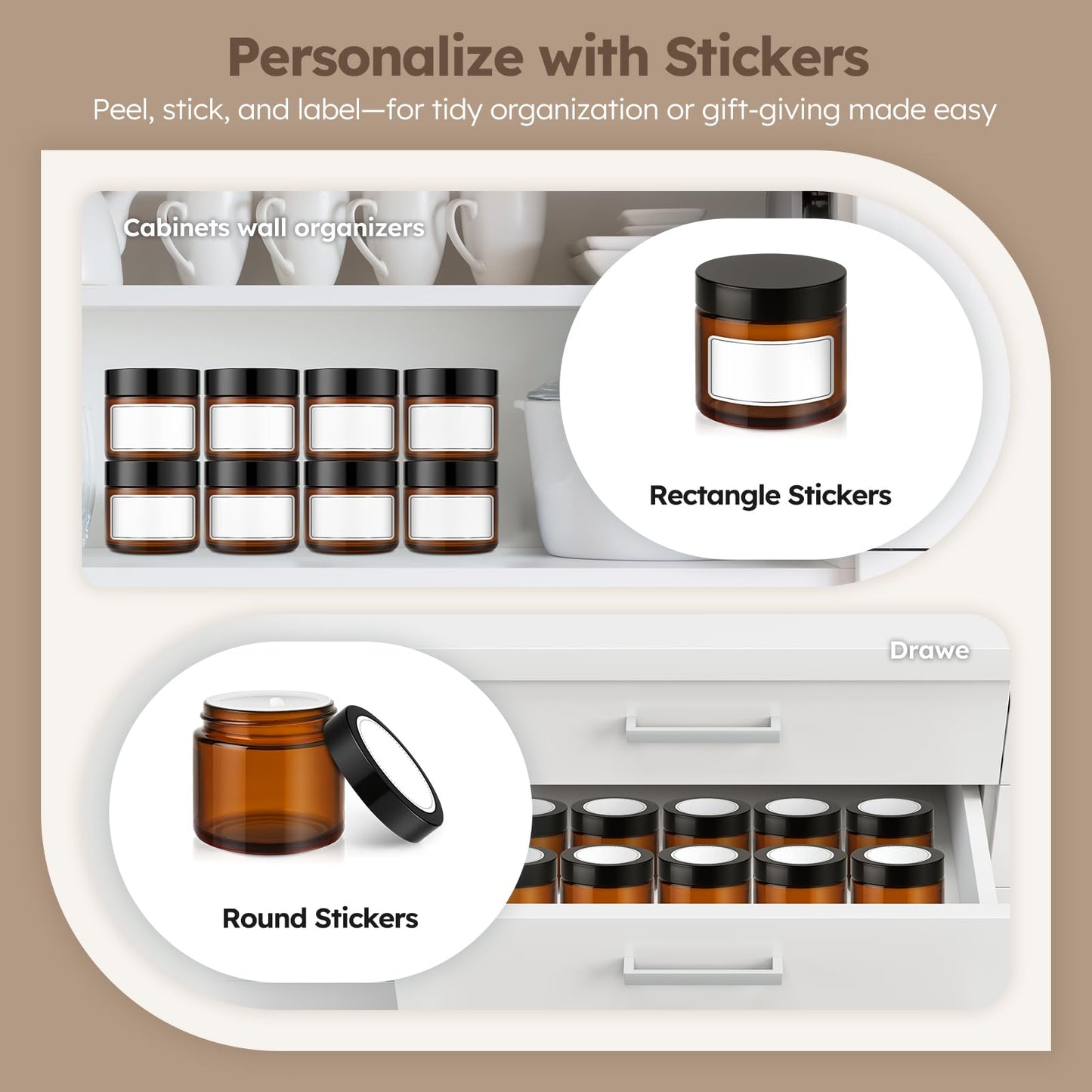 2 oz Glass Jars with Lids, 6 Pack Amber Glass Jars with Black Lids Leakproof Round Airtight Empty Cosmetic Travel Containers with Inner Liners For Lotions Powders and Candle Making