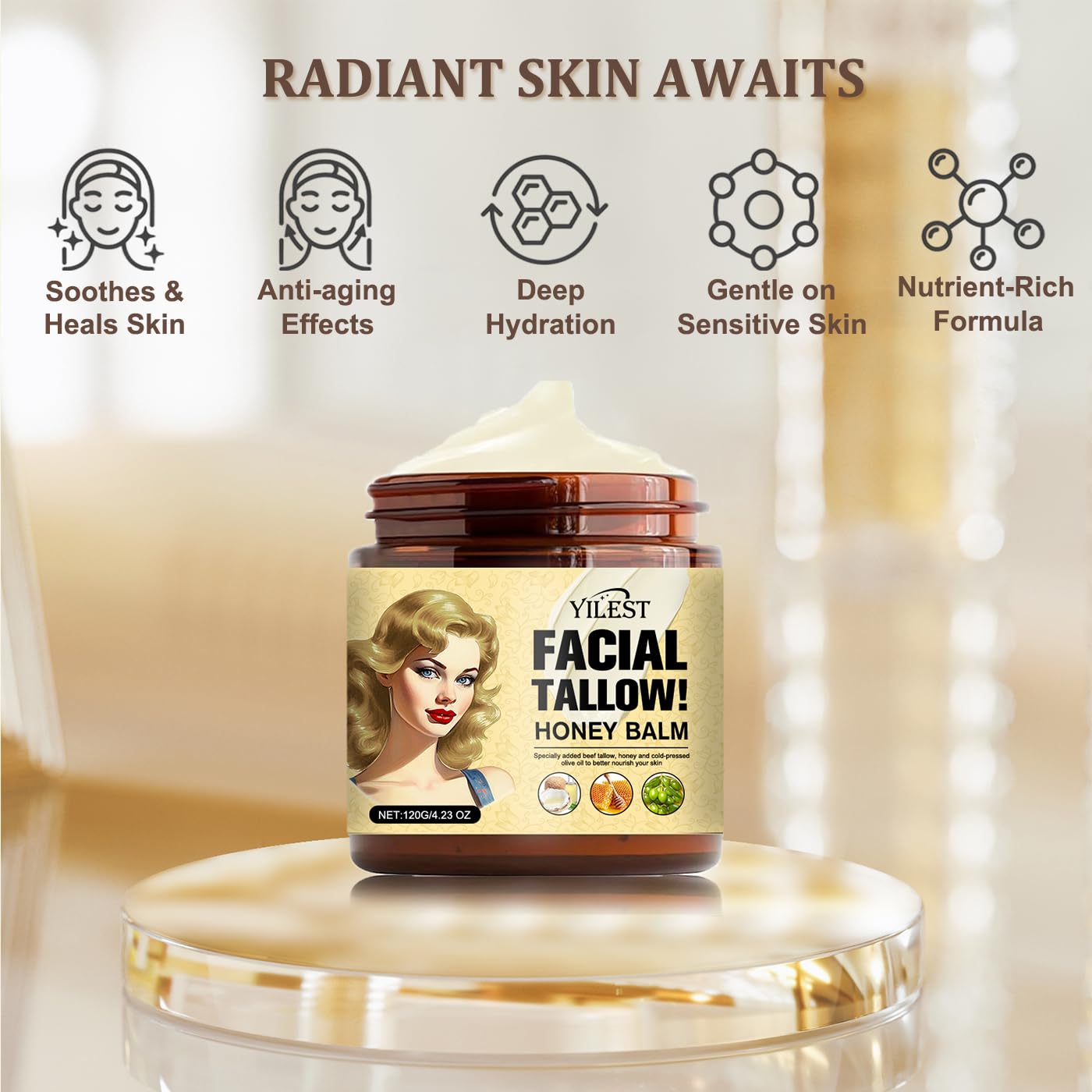 Vivipop Tallow and Honey Balm - Beef Tallow for Skin 4OZ, 2025 Natural Tallow Face Moisturizer for Cracked, Dry Skin, Organic Hydrating Deeply Moisturizing Beef Tallow Cream for Face & Body Skin Care