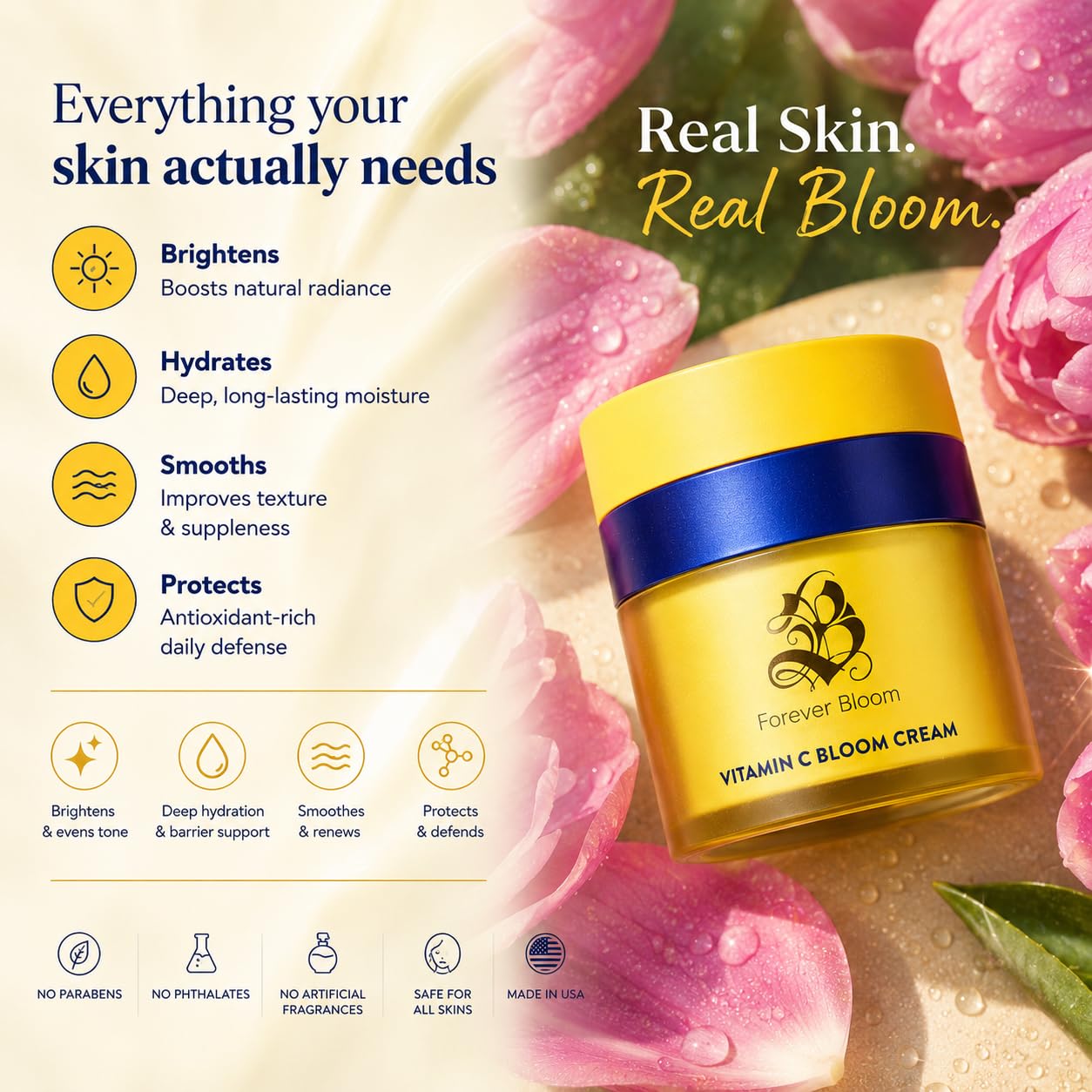Forever Bloom Vitamin C Bloom Cream - Luxury Vitamin C Moisturizer for Dry Skin, hydrating facial cream with vitamins A, E, C