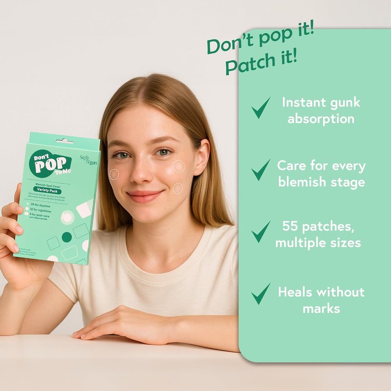 SoloVegan Blemish Patch - Invisible Hydrocolloid Acne Treatment for Breakouts | 55 Count (1 Pack)